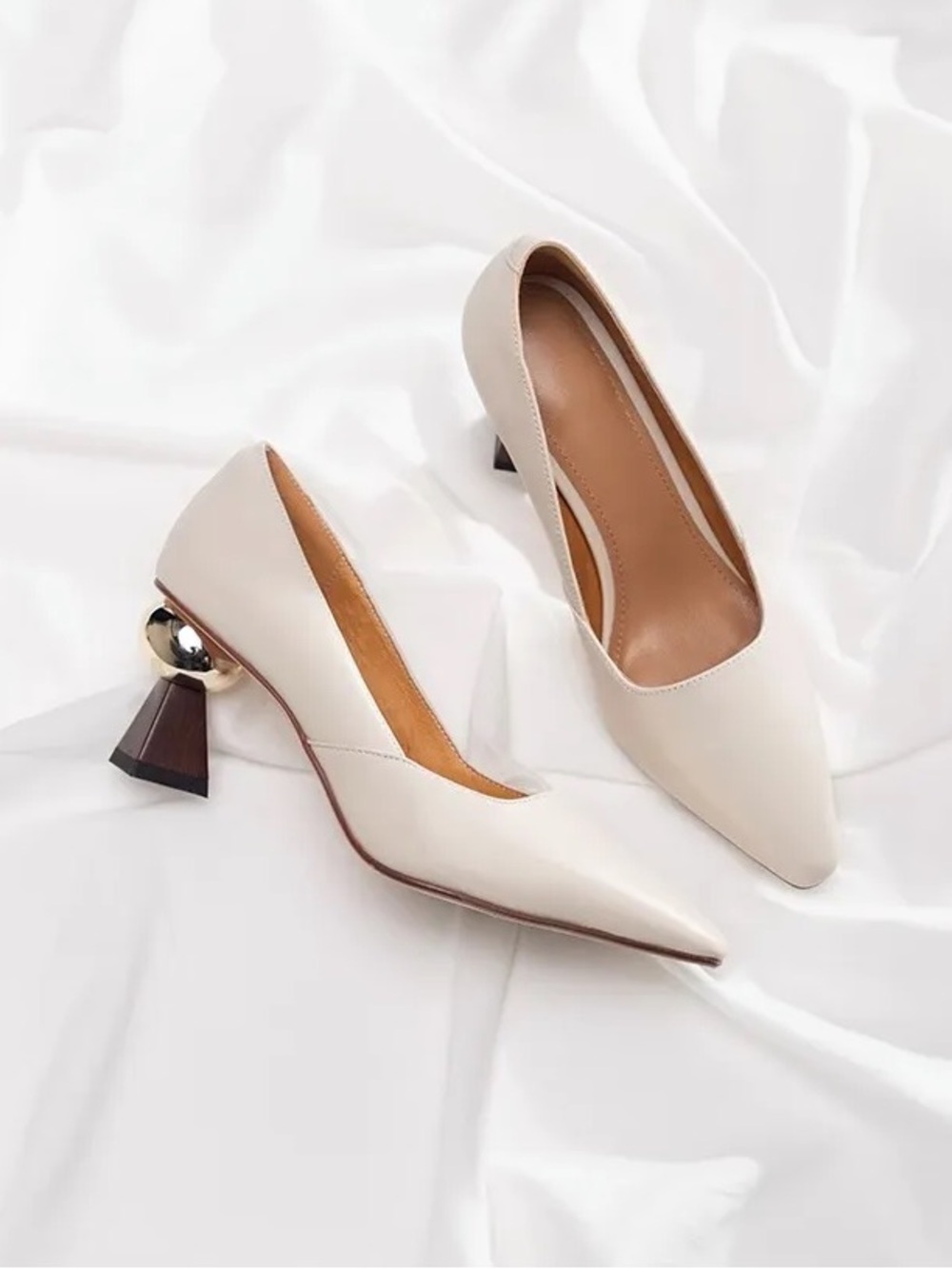 NEW Elegant Cream Pointed-Toe Women’s Heels with Sculpted Heel - Picture 2 of 4